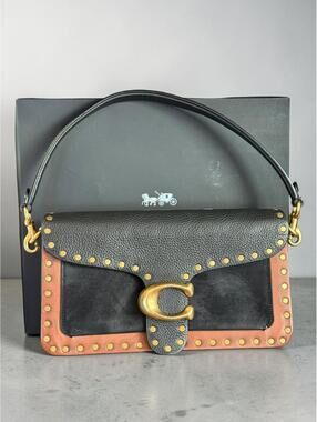 Coach Tabby Top Handle — Studded Mixed Leather & Suede — Black/Brown